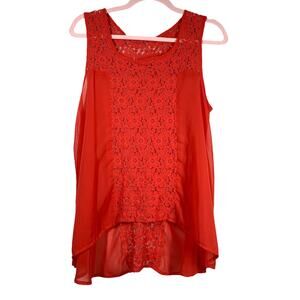 BUTTONS Red Orange Sheer Lace Tank Top Blouse Large